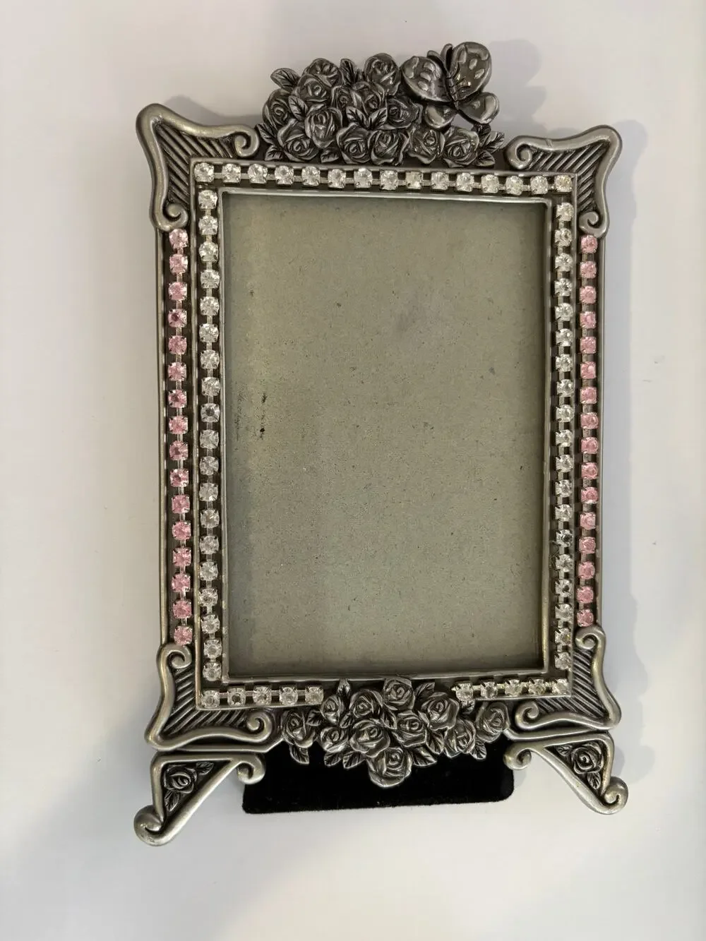 Silver Tone Pewter Photo Frame Floral Clear Pink Rhinestones